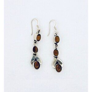 925 Sterling Silver Drop Dangle Earrings with Tiger's Eye Gemstones, Hook Back